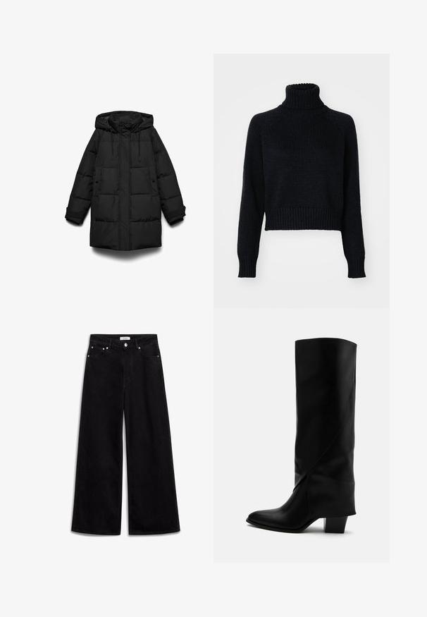Abrigo acolchado negro con capucha, con secciones acolchadas, cremallera frontal, dos bolsillos laterales y cordones ajustables.; Suéter de cuello alto de punto oscuro con un diseño recortado, que presenta puños y dobladillo acanalados, y una textura tejida en todo su cuerpo.; Jeans de tiro alto y pierna ancha en color negro, fabricados en denim, con cinco bolsillos y detalles metálicos en plata. Textura suave, diseño limpio.; Bota alta de cuero negro con costuras anguladas, puntera puntiaguda y tacón grueso de altura media sobre fondo blanco.