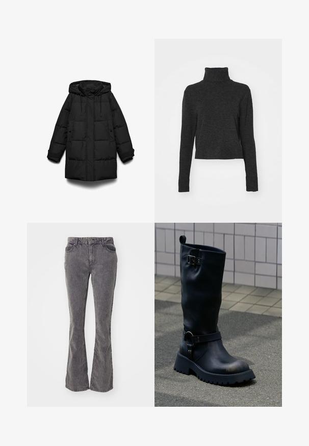 Manteau matelassé noir avec capuche, présentant des sections matelassées, une fermeture éclair frontale, deux poches latérales et des cordons ajustables.; Pull ras du cou noir à manches longues, en tissu doux et texturé, avec des accents côtelés au col et à l'ourlet.; Jeans grises à pattes d'éléphant en denim, présentant un design classique à cinq poches, des lignes décolorées et une fermeture à bouton et à zip à la taille.; Botte en cuir noir mi-mollet avec semelle épaisse, boucle métallique près du sommet, et bride avec détail anneau au-dessus de la cheville, sur une surface pavée.