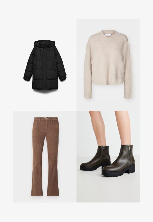 Abrigo acolchado negro con capucha, con secciones acolchadas, cremallera frontal, dos bolsillos laterales y cordones ajustables.; Weekday REESE V NECK - Jersey de punto - light mole; Pantalones de pana marrones con cierre de botón y cremallera, estilo de cinco bolsillos y piernas ligeramente acampanadas.; Botas de tobillo de cuero verde con tacón cuadrado, cremallera lateral y suela de goma texturizada para un mejor agarre. Acabado suave y diseño elegante.