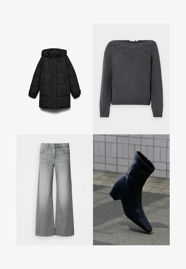 Abrigo acolchado negro con capucha, con secciones acolchadas, cremallera frontal, dos bolsillos laterales y cordones ajustables.; Suéter de punto gris oscuro con mangas largas, escote redondeado y bordado floral en el pecho. Dobladillo y puños con ribetes.; Vaqueros de pierna ancha de talle alto en gris, con botón y cremallera delanteros, bolsillos delanteros y traseros, exhibidos sobre un fondo blanco liso.; Botín negro de cuero con tacón grueso, apoyado sobre una superficie de asfalto texturizado cerca de una pared con azulejos.