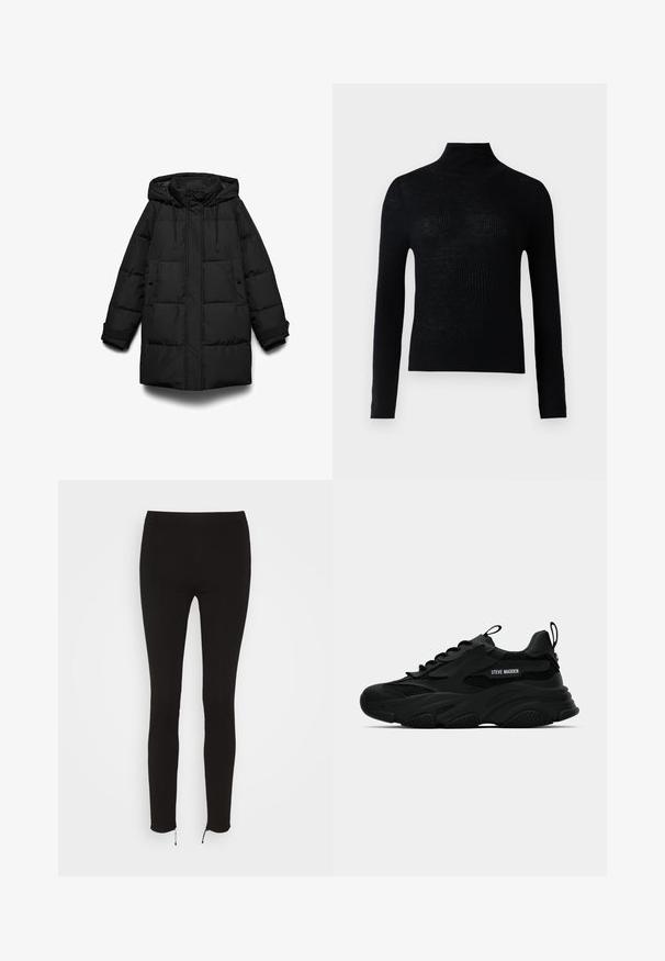 Manteau matelassé noir avec capuche, présentant des sections matelassées, une fermeture éclair frontale, deux poches latérales et des cordons ajustables.; Pull à col roulé noir côtelé avec des manches longues et une coupe ajustée. Fabriqué en tissu tricoté, la texture semble légèrement transparente.; Even&Odd Legging (type pantalon) - black; Sneaker chunky noir Steve Madden avec des panneaux en mesh, semelle épaisse, languette et tirant au talon, lettrage du logo sur le côté, montré de profil.