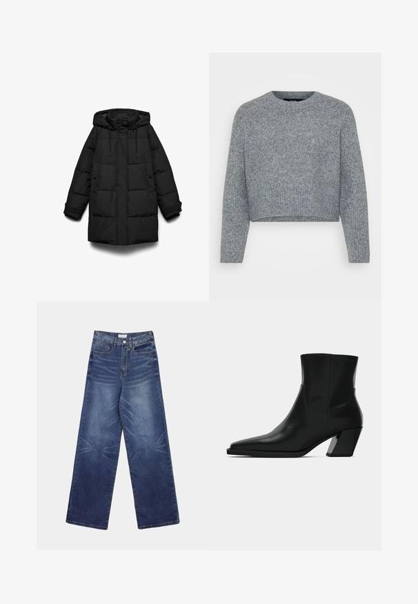Abrigo acolchado negro con capucha, con secciones acolchadas, cremallera frontal, dos bolsillos laterales y cordones ajustables.; Suéter gris, corto, de punto texturizado, con un cuello redondo y mangas largas. El material parece suave y cálido.; Pantalones vaqueros de pierna ancha en azul oscuro, con cintura alta, patrones de desvanecimiento pronunciados en el frente y el clásico estilo de cinco bolsillos.; Bota de tobillo de cuero negro con punta afilada, una silueta elegante y un tacón cuadrado grueso. Textura suave con detalles de costura mínimos.