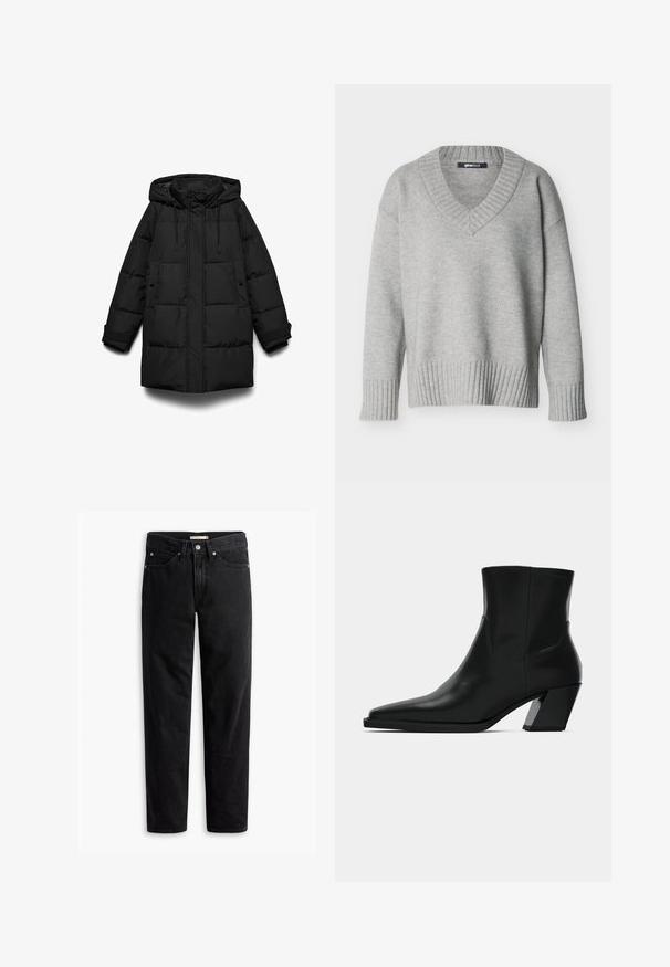 Abrigo acolchado negro con capucha, con secciones acolchadas, cremallera frontal, dos bolsillos laterales y cordones ajustables.; Suéter de punto gris claro con escote en V, puños y dobladillo acanalados, mostrado sobre un fondo blanco liso.; Jeans negros de pierna recta con cierre de botones y cremallera, pasadores para cinturón y bolsillos delanteros y traseros, exhibidos de forma plana sobre un fondo blanco.; Bota de tobillo de cuero negro con punta afilada, una silueta elegante y un tacón cuadrado grueso. Textura suave con detalles de costura mínimos.