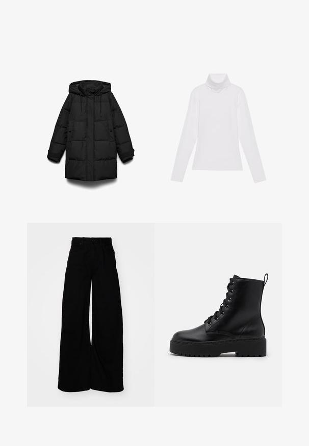 Zwarte donzen jas met een capuchon, voorzien van doorgestikte secties, een ritssluiting aan de voorkant, twee zijzakken en verstelbare trekkoorden.; Witte lange mouw turtleneck top gemaakt van glad, elastisch materiaal. Voorzien van een hoge kraag en een getailleerd ontwerp, zonder zichtbare patronen of versieringen.; Wijdvallende zwarte denimbroeken met een hoge taille, voorzien van ceintuurlussen, vijf zakken en een schone, textuurrijke afwerking.; Zwarte leren enkelboot met een dikke, gestructureerde zool, ronde neus en metalen oogjes voor veters. Voorzien van een lus aan de achterkant.