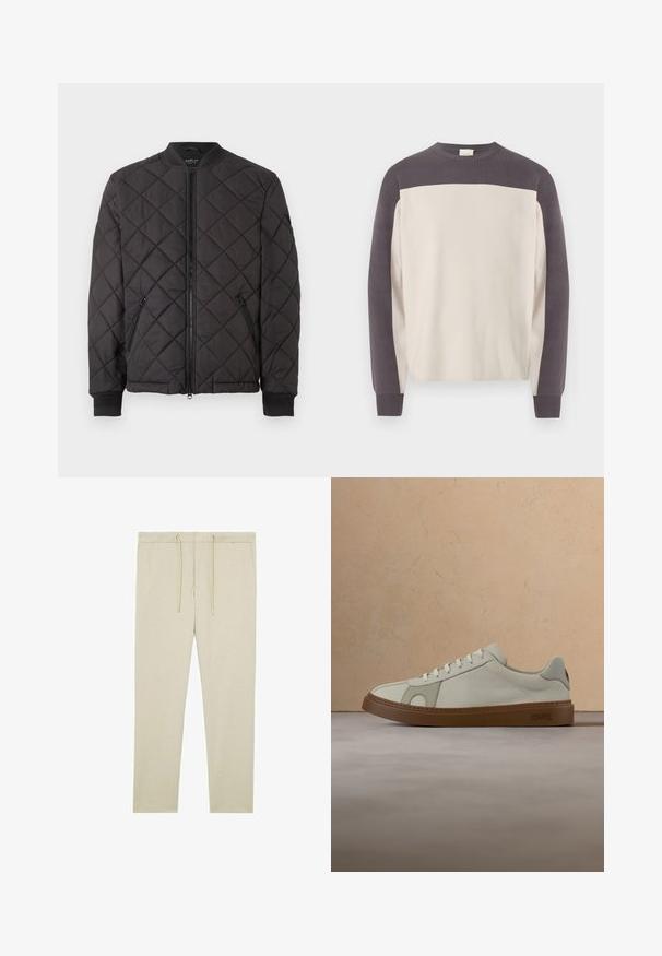 Chaqueta bomber acolchada negra con cierre de cremallera, cuello y puños acanalados, y bolsillos laterales con cremallera, presentada sobre un fondo blanco.; Suéter de manga larga con cuello redondo, con hombros y mangas en gris oscuro, y cuerpo en beige claro, mostrado sobre un fondo blanco.; Pantalones jogger beige con cintura elástica y cordón, dos bolsillos laterales, hechos de tela suave.; La zapatilla presenta una parte superior de cuero crema, costuras claras y una suela de goma marrón. Tiene una puntera redondeada y un diseño clásico de cordones.