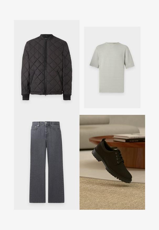 Veste bomber matelassée noire avec fermeture éclair, col et poignets côtelés, et poches latérales zippées, présentée sur un fond blanc.; Haut en tricot gris clair à manches courtes avec un motif en zigzag subtil et un col rond sur fond blanc.; Jean droit taille haute en denim gris foncé avec bouton frontal, fermeture éclair, et design à cinq poches sur fond blanc.; Chaussure noire en cuir à lacets avec semelle épaisse flottant au-dessus d'un tapis beige dans un salon minimaliste.