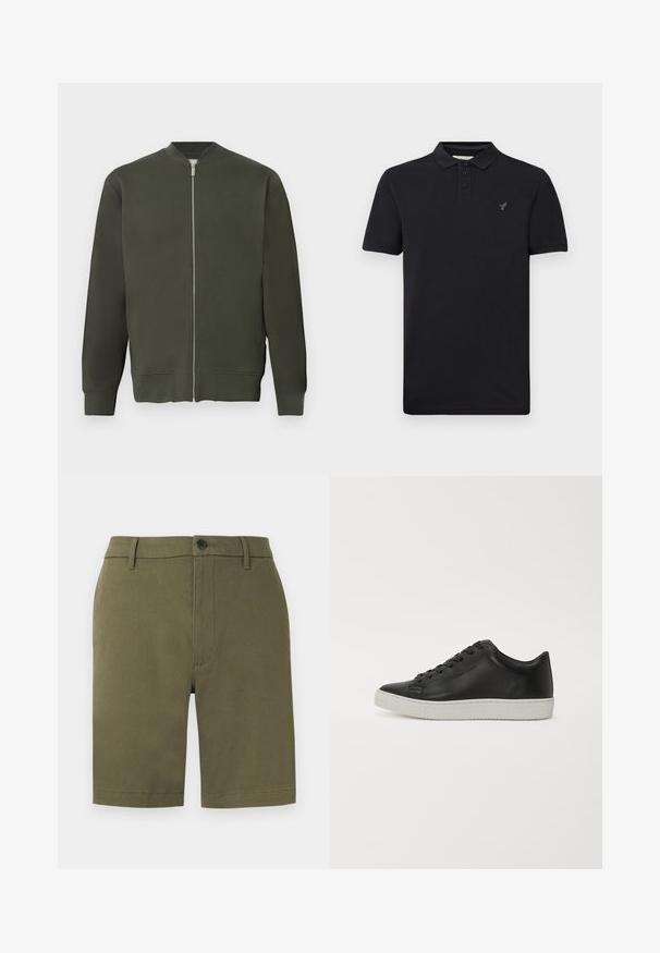 Grøn bomberjakke med fuld frontal lynlås, ribbede ærmer og kant. Har en glat tekstur og et minimalistisk design.; Sort kortærmet polo shirt med tre knapper, krave og lille broderet logo på venstre bryst, vist på en ensfarvet baggrund.; Olivengrønne herreshorts med bæltestropper, knaplukning og et rent frontdesign, vist mod en hvid baggrund.; Sorte lædersneakers med rund tå, flad hvid gummisål og seks huller til snørebånd. Glat overflade, minimalistisk stil.