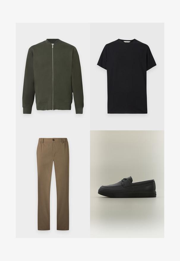 Chaqueta bomber verde con cremallera frontal completa, puños y dobladillo acanalados. Presenta una textura suave y un diseño minimalista.; Camiseta negra de manga corta hecha de suave tela de algodón. Cuello redondo con un ajuste relajado, que presenta líneas limpias y simples sin patrones visibles.; Pantalones caqui de corte recto para hombre con cierre de botón y cremallera, trabillas para cinturón y sin detalles visibles de bolsillos.; Mocasín casual negro de cuero con detalles de cordones y suela gruesa de goma, visto de lado sobre un fondo neutro.