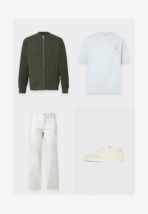 Chaqueta bomber verde con cremallera frontal completa, puños y dobladillo acanalados. Presenta una textura suave y un diseño minimalista.; Camiseta de manga corta azul claro con cuello redondo y dos logotipos impresos "SAMSØE" en el área del pecho izquierdo. Hecha de tela suave.; Pantalones grises claros con un diseño de pierna recta, fabricados en una tela suave, con cierre frontal de botón y bolsillos laterales.; Zapatillas de ante blanco con acabado liso, puntera redonda, diseño plano con cordones y detalles texturizados contrastantes. Presentan un detalle de logo sutil.