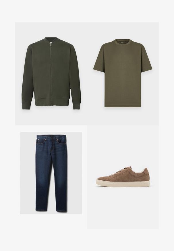 Grøn bomberjakke med fuld frontal lynlås, ribbede ærmer og kant. Har en glat tekstur og et minimalistisk design.; Ensfarvet olivengrøn T-shirt med korte ærmer og rund hals, med en almindelig pasform, vist på en lys baggrund.; Mørkeblå slim-fit denimjeans med let falmning på frontlår, kobbernitter og klassisk fem-lomme-stil, lagt fladt på hvid baggrund.; Brune ruskind casual sneakers med lav profil, flad beige gummisål og seks snørehuller. Rund toe og minimalistisk design.