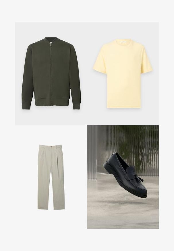 Grøn bomberjakke med fuld frontal lynlås, ribbede ærmer og kant. Har en glat tekstur og et minimalistisk design.; Blød gul T-shirt med korte ærmer og rund hals med en afslappet pasform på en ensartet lys baggrund.; Lyse beige skræddersyede bukser med forreste læg, sidelommer, bæltestropper og knaplukning på hvid baggrund.; Sorte læderloafers med en glat tekstur, en rundet tå og dekorative kvaster foran. Fleksibel gummisål med lav hæl.