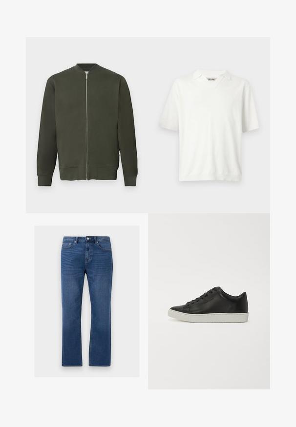 Grøn bomberjakke med fuld frontal lynlås, ribbede ærmer og kant. Har en glat tekstur og et minimalistisk design.; Hvid kortærmet strikket polo med en blød krave og V-hals fra mærket Only & Sons.; Blå denim-jeans med lige ben, forlommer, bæltestropper og knaplukning på en lys grå baggrund.; Sorte lædersneakers med rund tå, flad hvid gummisål og seks huller til snørebånd. Glat overflade, minimalistisk stil.