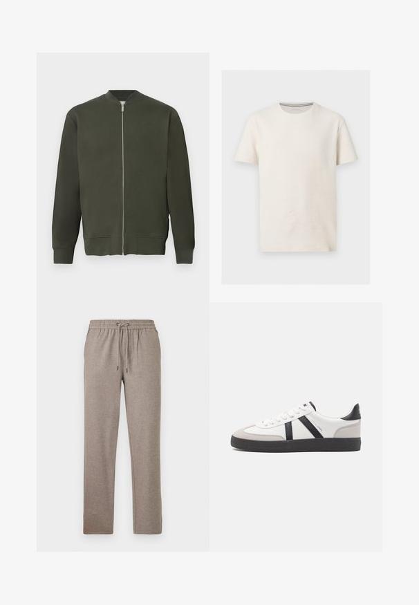 Chaqueta bomber verde con cremallera frontal completa, puños y dobladillo acanalados. Presenta una textura suave y un diseño minimalista.; Camiseta de algodón texturizado color blanco hueso de manga corta con cuello redondo y logo discreto en el pecho izquierdo, mostrada sobre fondo gris.; Pantalones de chándal grises hechos de una tela suave, con una cinturilla elástica y cordón, y un diseño de pierna recta.; Zapatilla blanca con acentos en negro y gris, que presenta una puntera texturizada en gris, suela de goma negra y cordones planos blancos. Diseño limpio, estilo minimalista.