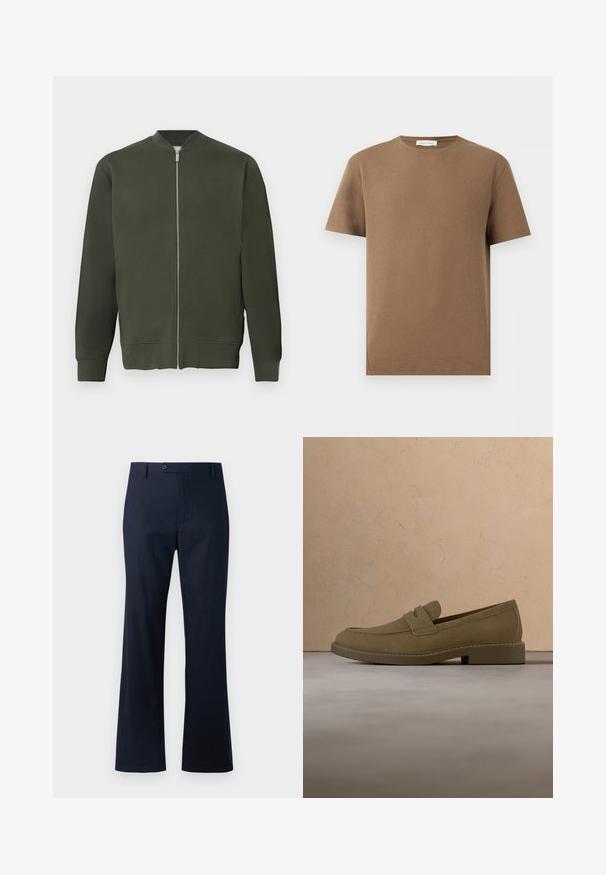 Grøn bomberjakke med fuld frontal lynlås, ribbede ærmer og kant. Har en glat tekstur og et minimalistisk design.; Brun kortærmet t-shirt med rund hals i tekstureret stof og label "Pier One" inde i kraven, vist på hvid baggrund.; Marineblå bukser lavet af en bomuldsblanding, med lige ben, enkelt knaplukning og forlænget kant.; Brun mokkalærreds loafersko svæver over et tekstureret beige tæppe i en stue med et træ sofabord og stabler af bøger.