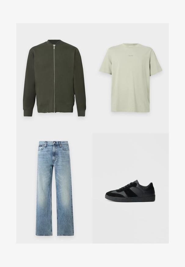 Chaqueta bomber verde con cremallera frontal completa, puños y dobladillo acanalados. Presenta una textura suave y un diseño minimalista.; Camiseta de algodón verde clara con cuello redondo, mangas cortas y un pequeño logo de Calvin Klein en una tonalidad más oscura impreso en el pecho.; Vaqueros de mezclilla azul claro de corte recto con cintura alta, cinco bolsillos, cierre de botón y sutil desgaste en los muslos y las rodillas.; Zapatillas negras que combinan cuero liso y ante, con una suela de goma negra texturizada y un sutil detalle de rayas.