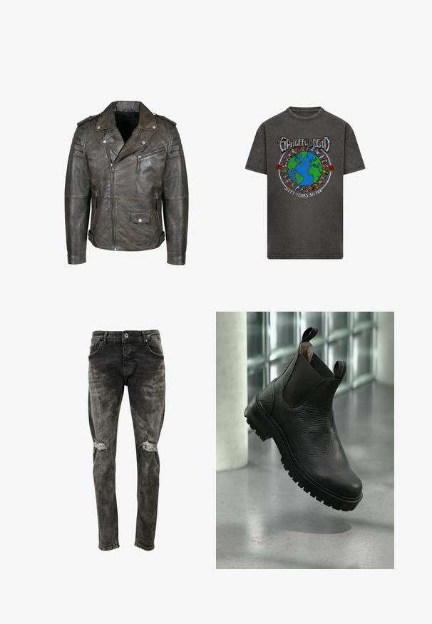 Veste de motard en cuir marron foncé vieilli avec fermeture éclair asymétrique sur le devant, poche poitrine zippée, poche à rabat avec bouton-pression, détails matelassés aux épaules et épaulettes.; T-shirt gris foncé avec un graphique coloré de la Terre entouré d'ours dansants, le texte "Grateful Dead" au-dessus et "Soixante ans jusqu'à présent" en dessous.; Jeans slim fit, noirs décolorés en denim avec des patchs déchirés aux genoux. Comprend des poches standard et une fermeture à bouton.; Bottes basses en cuir noir avec une surface texturée, des panneaux élastiques sur les côtés et une semelle en caoutchouc robuste avec des crampons prononcés.