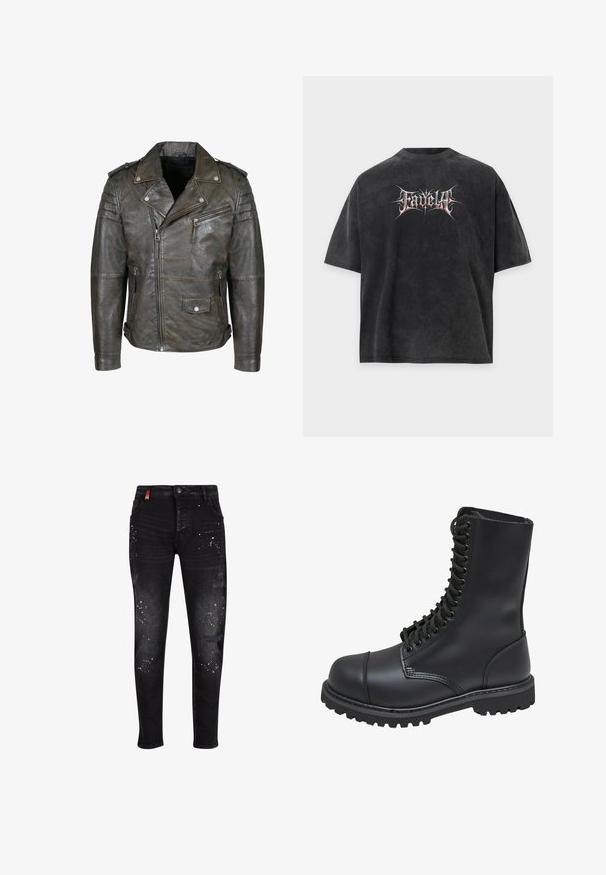 Veste de motard en cuir marron foncé vieilli avec fermeture éclair asymétrique sur le devant, poche poitrine zippée, poche à rabat avec bouton-pression, détails matelassés aux épaules et épaulettes.; T-shirt noir oversize avec texture délavée et texte stylisé en blanc et rouge "Fadella" centré sur le devant.; Jean en denim noir avec des patchs déchirés, des accents de splatter de peinture blanche, une fermeture éclair et une coupe slim.; Botte de combat en cuir noir avec un haut tige, fermeture lacée à l'avant, col rembourré et semelle texturée robuste pour une meilleure adhérence. Dotée d'un capuchon de protection renforcé.