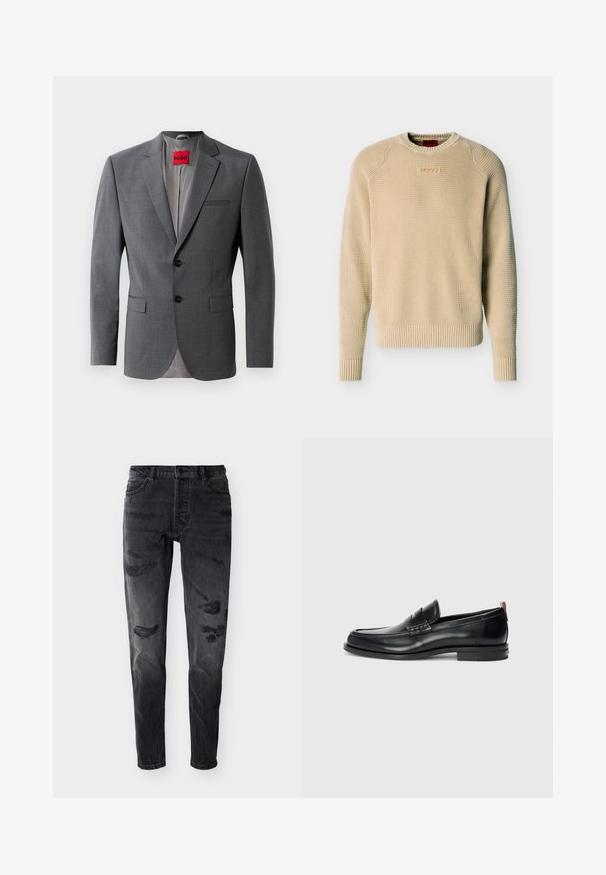 Grijze op maat gemaakte blazer met gekleurde revers, twee knopen en twee voorkruiszakken. Binnenkant gevoerd met lichtgrijze stof. Rode merklabel zichtbaar.; Beige gebreide trui met lange mouwen, geribbelde manchetten en zoom, en een kleine rechthoekige logopatch op de borst.; Zwarte distressed skinny jeans met knopen aan de voorkant, riemlussen en versleten plekken op de dijen en knieën tegen een witte achtergrond.; Zwarte leren loafers met een slank ontwerp, ronde neus, gestructureerd accent op de wreef en een rubberen zool voor grip. Inclusief trekstrip aan de achterkant.