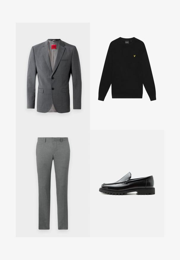 Blazer gris a medida con solapas de muesca, dos botones y dos bolsillos frontales. Forro interior de tela gris claro. Etiqueta de la marca roja visible.; Sudadera de algodón negra con mangas largas y cuello redondo. Cuenta con un pequeño logo de águila amarilla en el pecho. Textura suave.; Pantalones grises a medida con una textura suave, diseño de pierna recta, lazos para cinturón y un sutil patrón de espiga en toda su superficie.; Mocasín de cuero negro con suela de goma gruesa, empeine cosido y nombre de la marca en relieve en el talón, mostrado en perfil lateral sobre fondo blanco.