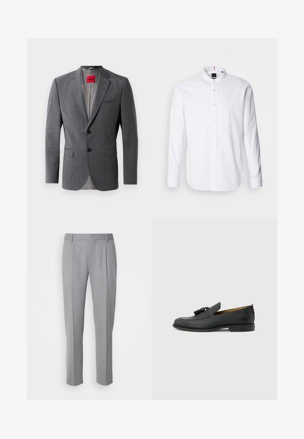 Blazer gris a medida con solapas de muesca, dos botones y dos bolsillos frontales. Forro interior de tela gris claro. Etiqueta de la marca roja visible.; Camisa blanca de manga larga con cuello de banda, cierre de botones en el frente y dobladillo redondeado. Hecha de algodón, presenta una textura suave y un brillo sutil.; Pantalones grises a medida con una textura suave, que cuentan con un frente plano, piernas rectas y pliegues sutiles para un detalle adicional.; Mocasín negro de cuero para hombre con borlas, punta redonda, tacón bajo y pestaña para tirar en la parte trasera, mostrado de perfil lateral sobre un fondo gris claro.