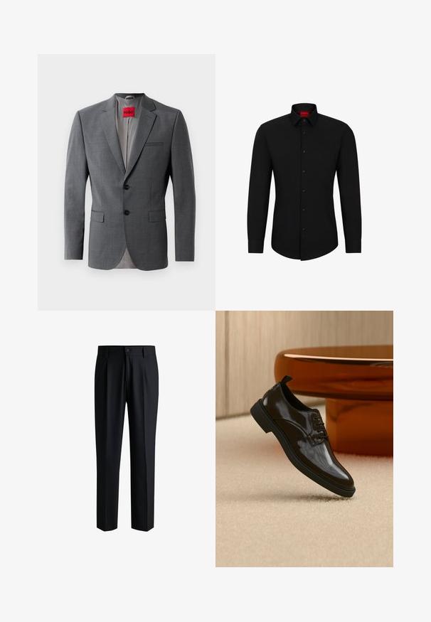 Blazer gris a medida con solapas de muesca, dos botones y dos bolsillos frontales. Forro interior de tela gris claro. Etiqueta de la marca roja visible.; Camisa negra de manga larga con botón frontal, cuello clásico y dobladillo redondeado; cuenta con botones negros y un logotipo rojo en el interior del cuello.; Pantalones negros de tela suave, con un diseño de pierna recta, pliegues en la parte delantera y cierre de botón con trabillas para cinturón.; Zapato de vestir negro brillante de cuero con cordones flotando sobre una alfombra beige con una mesa redonda marrón brillante al fondo.