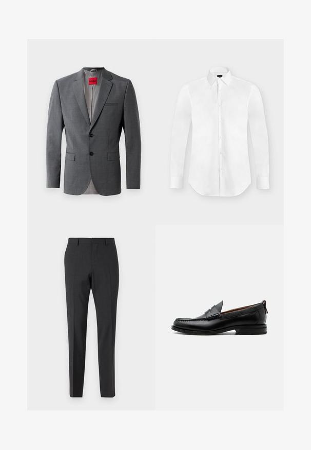 Blazer gris a medida con solapas de muesca, dos botones y dos bolsillos frontales. Forro interior de tela gris claro. Etiqueta de la marca roja visible.; Camisa blanca de vestir de manga larga con botones y cuello puntiagudo, colocada perfectamente plana sobre un fondo gris claro.; Pantalones tailored en gris oscuro con una textura suave, de corte ajustado, frente plano y pasadores para cinturón, diseñados para atuendos formales o de negocios.; Mocasín de hombre de piel negra con costura moc toe, tira penny, cuello texturizado y tacón bajo apilado sobre fondo blanco.