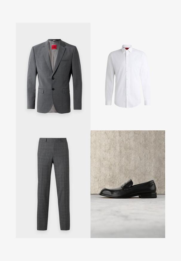 Blazer gris a medida con solapas de muesca, dos botones y dos bolsillos frontales. Forro interior de tela gris claro. Etiqueta de la marca roja visible.; Camisa blanca de botones, confeccionada en tela suave, con collar clásico, mangas largas y dobladillo curvado. Presenta botones beige en la parte delantera.; Pantalones de cuadros grises con un corte ajustado, que presentan una textura suave, piernas rectas y detalles de costura sutiles.; Mocasín negro de cuero con detalle metálico, mostrado suspendido sobre una alfombra beige, con una mesa redonda de color ámbar en el fondo.