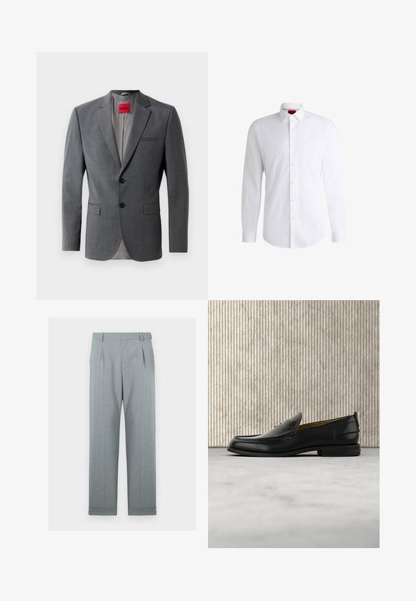 Blazer gris a medida con solapas de muesca, dos botones y dos bolsillos frontales. Forro interior de tela gris claro. Etiqueta de la marca roja visible.; Camisa blanca de botones, confeccionada en tela suave, con collar clásico, mangas largas y dobladillo curvado. Presenta botones beige en la parte delantera.; Pantalones de color gris claro hechos de una tela texturizada con diseño de pierna recta, pliegues simples y dobladillos acampanados. Apariencia minimalista y ajustada.; Mocasín de cuero negro para hombre con empeine grabado en relieve de cocodrilo y tacón bajo, mostrado de perfil sobre un fondo neutro.