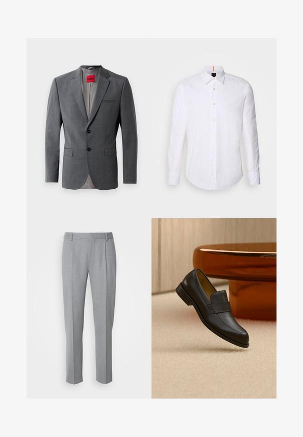 Grijze op maat gemaakte blazer met gekleurde revers, twee knopen en twee voorkruiszakken. Binnenkant gevoerd met lichtgrijze stof. Rode merklabel zichtbaar.; Witte langwerpige overhemd met lange mouwen van katoen, met een klassieke kraag, een subtiel logo dicht bij de borst en witte knopen.; Grijze op maat gemaakte broeken met een gladde textuur, voorzien van een platte voorkant, rechte pijpen en subtiele plooien voor extra details.; Zwarte leren loafer met lage hak zwevend boven een beige tapijt dichtbij een ronde bruine tafel.