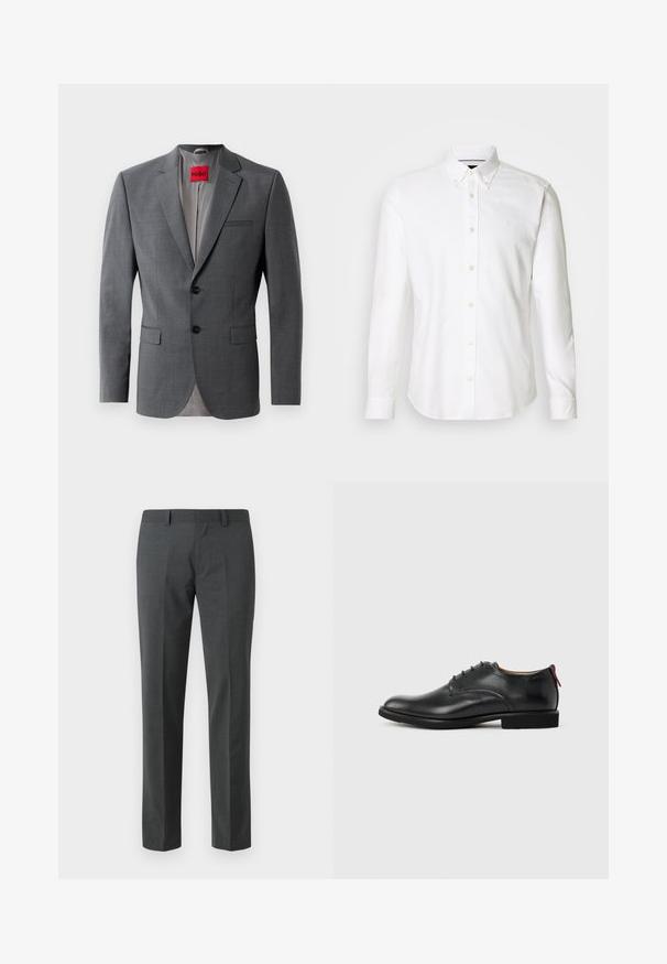 Blazer gris a medida con solapas de muesca, dos botones y dos bolsillos frontales. Forro interior de tela gris claro. Etiqueta de la marca roja visible.; Camisa blanca de manga larga con cuello abotonado, confeccionada en tela suave, con un logo sutil en el pecho y cierre de botones.; Pantalones ajustados de color gris oscuro fabricados en un textil suave. Presentan perneras rectas, un frente plano y pasadores para cinturón. Sin patrones ni acentos visibles.; Zapato de vestir para hombre de cuero negro con cordones en la parte delantera y tira roja en el talón sobre un fondo liso.