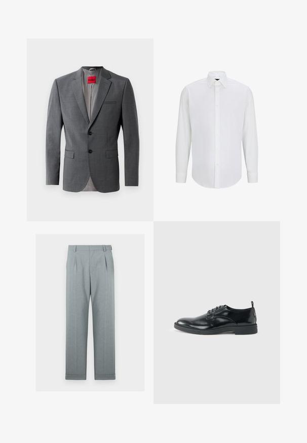 Blazer gris a medida con solapas de muesca, dos botones y dos bolsillos frontales. Forro interior de tela gris claro. Etiqueta de la marca roja visible.; Camisa de manga larga blanca hecha de tela suave con cuello estándar, cierre frontal de botones y dobladillo redondeado. Sin patrones ni acentos visibles.; Pantalones de color gris claro hechos de una tela texturizada con diseño de pierna recta, pliegues simples y dobladillos acampanados. Apariencia minimalista y ajustada.; Zapato de vestir negro de cuero brillante con tacón bajo, cierre de cordones y puntera redonda, mostrado de lado sobre un fondo claro y liso.