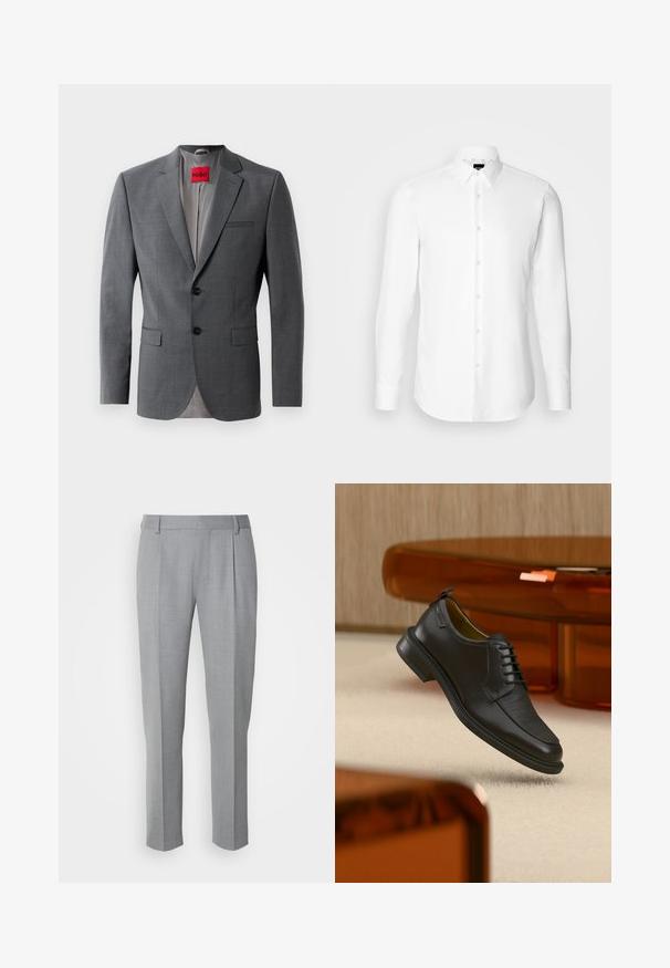 Grijze op maat gemaakte blazer met gekleurde revers, twee knopen en twee voorkruiszakken. Binnenkant gevoerd met lichtgrijze stof. Rode merklabel zichtbaar.; Witte blouse met lange mouwen, knoopsluiting aan de voorkant, klassieke kraag, gemaakt van gladde stof met een subtiele textuur, ontworpen voor een aansluitende pasvorm.; Grijze op maat gemaakte broeken met een gladde textuur, voorzien van een platte voorkant, rechte pijpen en subtiele plooien voor extra details.; Zwarte leren veterschoen in de stijl van een nette schoen met een gestructureerd vooraanzicht, zwevend boven een beige tapijt in een moderne kamer met amberkleurige meubelen.