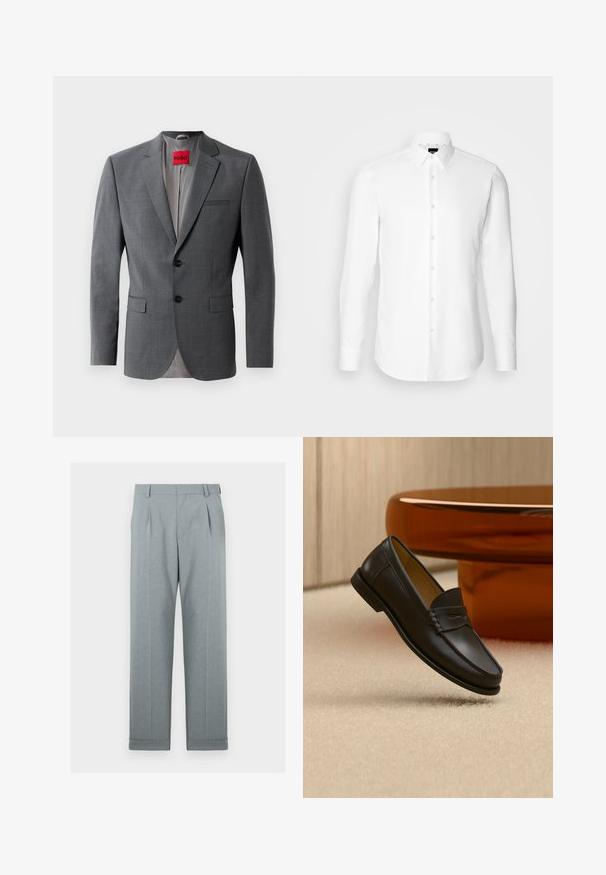 Grijze op maat gemaakte blazer met gekleurde revers, twee knopen en twee voorkruiszakken. Binnenkant gevoerd met lichtgrijze stof. Rode merklabel zichtbaar.; Witte blouse met lange mouwen, knoopsluiting aan de voorkant, klassieke kraag, gemaakt van gladde stof met een subtiele textuur, ontworpen voor een aansluitende pasvorm.; Lichtgrijze broek van een textuurstof met een recht model, enkele plooien en omgeslagen broekspijpen. Minimalistische en op maat gemaakte uitstraling.; Zwarte leren loaferschoen zwevend boven een beige tapijt met amberkleurige moderne meubels op de achtergrond.