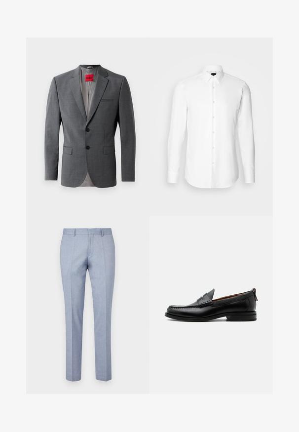 Grijze op maat gemaakte blazer met gekleurde revers, twee knopen en twee voorkruiszakken. Binnenkant gevoerd met lichtgrijze stof. Rode merklabel zichtbaar.; Witte blouse met lange mouwen, knoopsluiting aan de voorkant, klassieke kraag, gemaakt van gladde stof met een subtiele textuur, ontworpen voor een aansluitende pasvorm.; Lichtblauwe op maat gemaakte broek met een gladde stofstructuur, voorzien van een rechte voorkant, twee zijzakken en een slim fit ontwerp.; Zwarte leren herensloffen met moc toe stiksel, pennyriem, gestructureerde kraag en lage gestapelde hak op witte achtergrond.