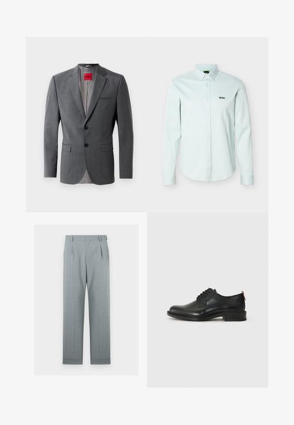 Grå skræddersyet blazer med klapkraver, to knapper og to frontlommer. Indersiden er foret med lys grå stof. Rød mærke synlig.; Lyseblå, langærmet skjorte med knapper foran og en knappet krave, med en sort "BOSS"-logo på venstre bryst.; Lysgrå bukser lavet af et tekstureret stof med lige ben, enkel plissering og opfoldede kanter. Minimalistisk og skræddersyet udseende.; Sorte læder oxford sko med en glat overflade, snørebånddesignet, rund tå og en lav stablet hæl. Har en kontrastfarvet rød trækflap.