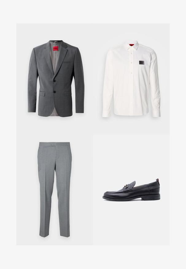 Blazer gris a medida con solapas de muesca, dos botones y dos bolsillos frontales. Forro interior de tela gris claro. Etiqueta de la marca roja visible.; Camisa blanca de manga larga hecha de algodón, con cuello abotonado, tapeta frontal y un parche de logo negro en el pecho izquierdo.; Pantalones grises a medida hechos de una tela texturizada, con un diseño de frente plano, trabillas para cinturón y dos bolsillos laterales. Diseño de pierna recta.; Mocasín de cuero negro con empeine gris texturizado, detalle de hebilla metálica plateada, tacón bajo y lengüeta para tirar en la parte trasera.