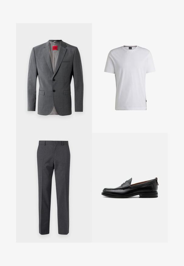 Blazer gris a medida con solapas de muesca, dos botones y dos bolsillos frontales. Forro interior de tela gris claro. Etiqueta de la marca roja visible.; Camiseta blanca de manga corta hecha de algodón. Cuenta con un cuello redondo y una etiqueta de marca sutil en el lateral. Textura suave y diseño simple.; Pantalones gris ajustados con un acabado texturizado, con frente plano y diseño de pierna recta. Presenta bolsillos laterales y presillas para cinturón.; Mocasín de hombre de piel negra con costura moc toe, tira penny, cuello texturizado y tacón bajo apilado sobre fondo blanco.