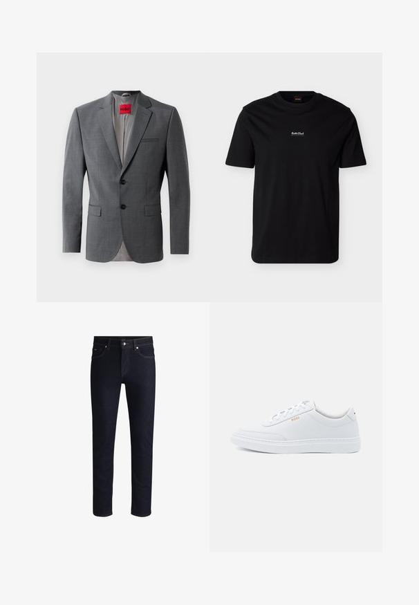 Grijze op maat gemaakte blazer met gekleurde revers, twee knopen en twee voorkruiszakken. Binnenkant gevoerd met lichtgrijze stof. Rode merklabel zichtbaar.; Zwart T-shirt met korte mouwen en een ronde hals, met kleine witte tekst "Boss Club" in het midden van de borst en een oranje label "Boss" aan de binnenkant van de kraag.; Donkerblauwe denim jeans met een slim fit, gekenmerkt door contrasterende oranje stiksels, vijf zakken en een knoopsluiting op de taille.; Witte leren sneakers met een gladde textuur, ronde neus en tonale stiksels. Voorzien van blauwe veters en een gouden logo op de zijkant.