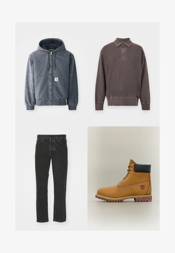 Sweat-shirt à capuche gris avec fermeture éclair sur le devant, deux grandes poches, poignets côtelés et un patch logo sur la poche gauche. Fabriqué en tissu durable.; Sweat-shirt à manches longues gris foncé avec fermeture éclair quart, col, poignets et ourlet côtelés, et petite étiquette logo près de l'ourlet inférieur.; Jean en denim noir avec une coupe droite, style cinq poches classique, taille avec bouton et finition délavée. Texture lisse, sans motifs visibles.; Bottine en cuir marron avec col noir, lacets jaunes et semelle beige. Présente un logo et des détails de couture blanche. Semelle extérieure à traction robuste.