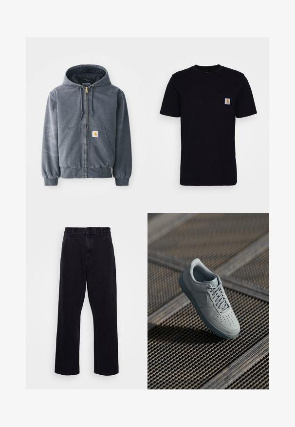 Sweat-shirt à capuche gris avec fermeture éclair sur le devant, deux grandes poches, poignets côtelés et un patch logo sur la poche gauche. Fabriqué en tissu durable.; T-shirt en coton noir à manches courtes, col rond et poche poitrine avec un petit patch logo carré. Design simple et uni.; Pantalons en denim noir avec une coupe droite, dotés d'une fermeture à bouton et à zip, de passants de ceinture et de coutures minimales.; Baskets en cuir gris avec un bout perforé, lacets plats, col rembourré et semelle en caoutchouc texturé. Présente un détail de marque subtil.