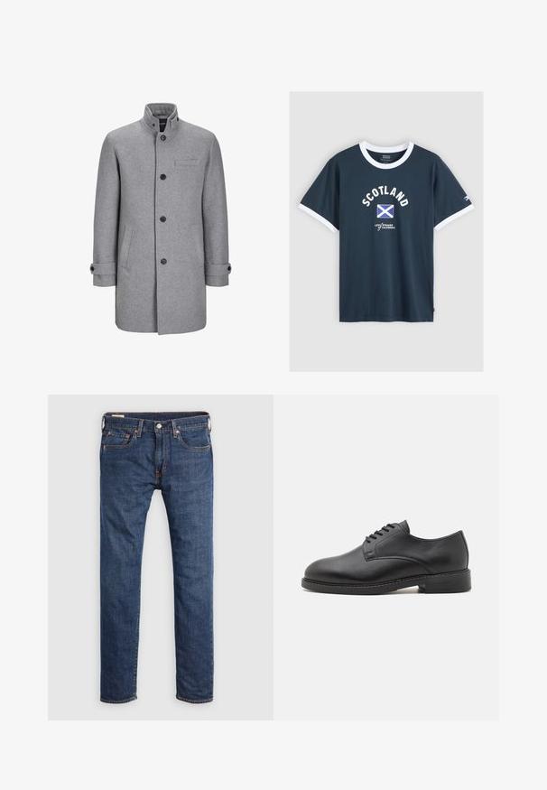 Grijze wollen jas met een hoge kraag, sluiting met knopen aan de voorkant, één borstzak en twee zijzakken. Heeft omgeslagen manchetten en een textuurafwerking.; Marineblauw T-shirt met witte bies, tekst "SCOTLAND", Schotse vlag grafiek en "Levi Strauss California" logo op de voorkant en mouw.; Donkerblauwe spijkerbroek met een rechte pijp. Voorzien van voorzakken, een metalen knoopsluiting en contrasterende gele stiksels.; Zwarte lederen oxford schoen met een ronde neus, voorzien van een gladde afwerking, vijf-oog veter sluiting en een lage gestapelde hak.