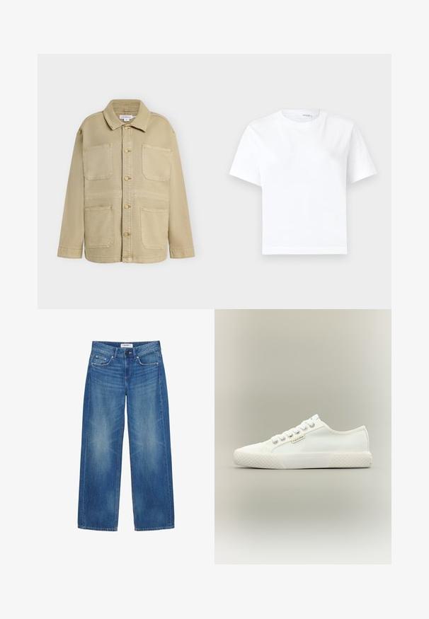 Veste beige à boutons avec quatre poches plaquées à l'avant, manches longues et col pointu, présentée sur un fond uni.; T-shirt blanc uni en coton à manches courtes, col rond et ourlet droit, présenté sur fond blanc.; Jeans bleu à jambes larges avec poches avant, passants pour ceinture, fermeture par bouton et détails subtils délavés sur les cuisses et les genoux.; Baskets basses blanches en toile avec semelle en caoutchouc texturée, lacets blancs et petite étiquette Calvin Klein sur le côté.