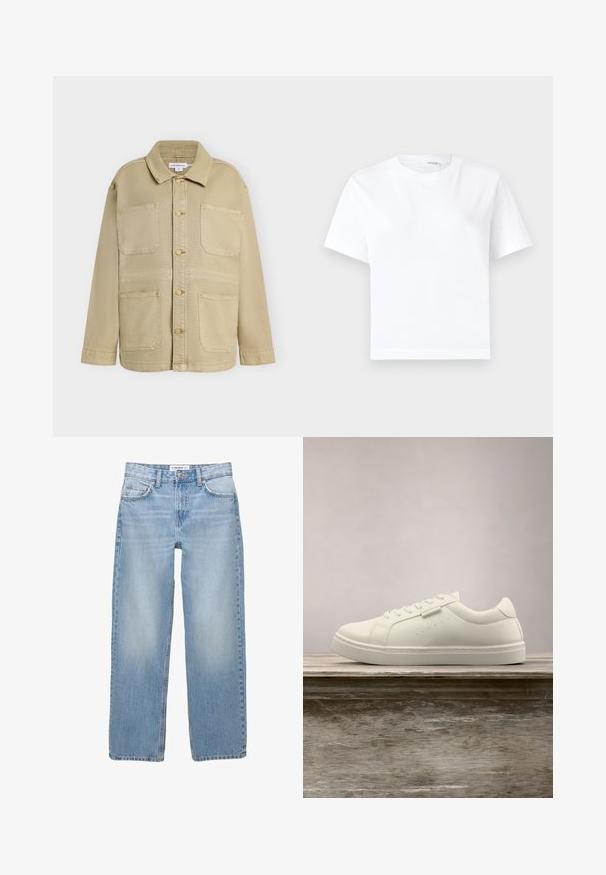 Veste beige à boutons avec quatre poches plaquées à l'avant, manches longues et col pointu, présentée sur un fond uni.; T-shirt blanc uni en coton à manches courtes, col rond et ourlet droit, présenté sur fond blanc.; Jean en denim bleu clair avec une coupe droite, style cinq poches et des détails de couture visibles. Le tissu a une texture douce et légèrement décolorée.; Baskets en cuir blanc avec des lacets flottant au-dessus d'un banc en bois, herbe verte haute floue en arrière-plan à l'extérieur.