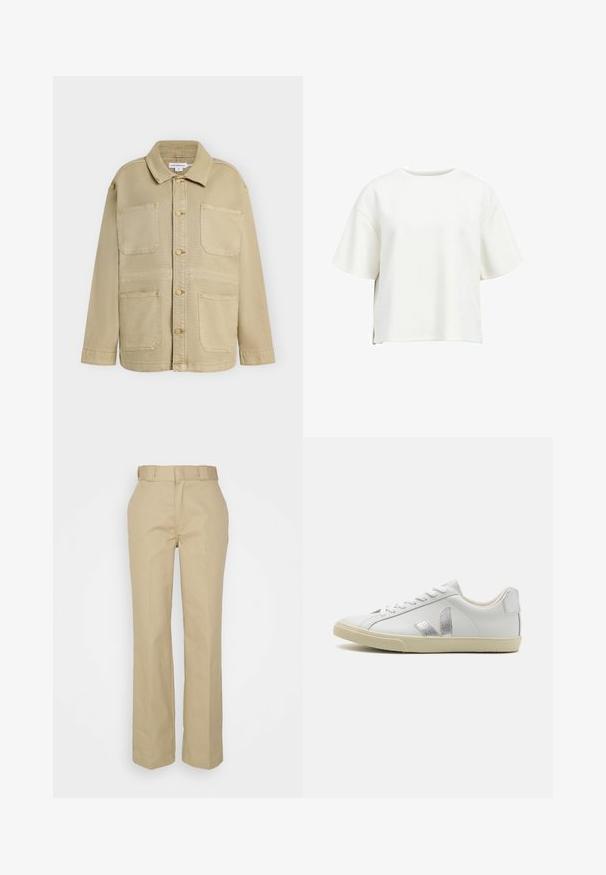 Veste beige à boutons avec quatre poches plaquées à l'avant, manches longues et col pointu, présentée sur un fond uni.; T-shirt blanc court en tissu doux, avec un col rond, de courtes manches larges et des fentes sur les côtés pour plus de liberté de mouvement.; Pantalons beiges ajustés avec une coupe droite, passants de ceinture à la taille et une texture douce semblable à du coton. Simples et fonctionnels.; Baskets Veja blanches avec un logo argenté texturé, des lacets plats et une semelle en caoutchouc beige, un upper en cuir lisse et un design discret.