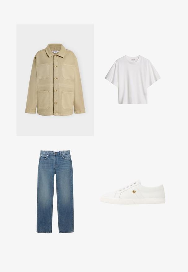 Veste beige à boutons avec quatre poches plaquées à l'avant, manches longues et col pointu, présentée sur un fond uni.; T-shirt blanc en coton, manches courtes, coupe ample, col rond et étiquette de marque à l'intérieur du col.; Jeans en denim bleu clair à coupe droite, avec cinq poches et des éléments en métal de couleur cuivrée. Le tissu présente une légère décoloration et une texture douce.; Lauren Ralph Lauren JANSON II CANVAS SNEAKER - Baskets basses - optic white