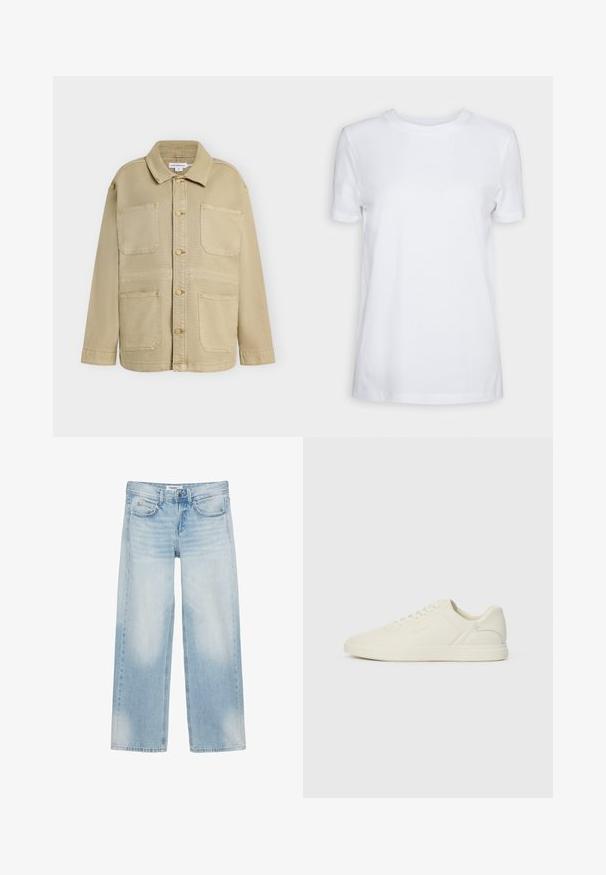 Veste beige à boutons avec quatre poches plaquées à l'avant, manches longues et col pointu, présentée sur un fond uni.; T-shirt blanc uni à manches courtes, col rond, coupe régulière, avec une petite étiquette à l’intérieur du col indiquant "SELECTED FEMME."; Jean bleu clair à jambes larges avec cinq poches, passants pour ceinture, fermeture par bouton et légère décoloration sur l'avant des cuisses et des genoux.; Basket en cuir blanc avec bout arrondi, lacets à l'avant, design minimaliste et subtil marquage sur le côté. Semelle plate en caoutchouc, texture lisse.