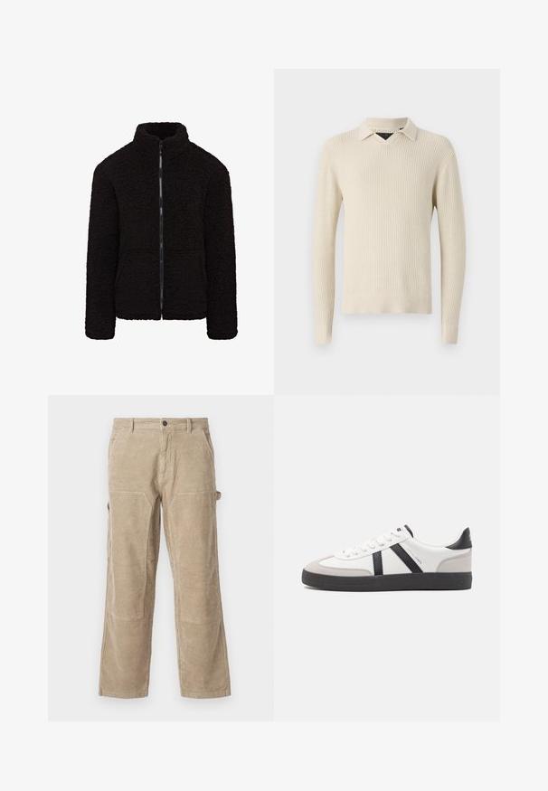 Chaqueta de forro polar negra con un alto cuello, cremallera frontal completa y tejido texturizado. Cuenta con mangas largas y un ajuste relajado. No tiene bolsillos visibles.; Jersey de color crema con un patrón texturizado, cuello en V y cuello clásico. Mangas largas y puños y dobladillo de punto acanalado.; Pantalones de pana beige con pierna recta, que cuentan con bolsillos laterales y parches en las rodillas reforzados. Tejido texturizado con acanalado vertical.; Zapatilla blanca con acentos en negro y gris, que presenta una puntera texturizada en gris, suela de goma negra y cordones planos blancos. Diseño limpio, estilo minimalista.