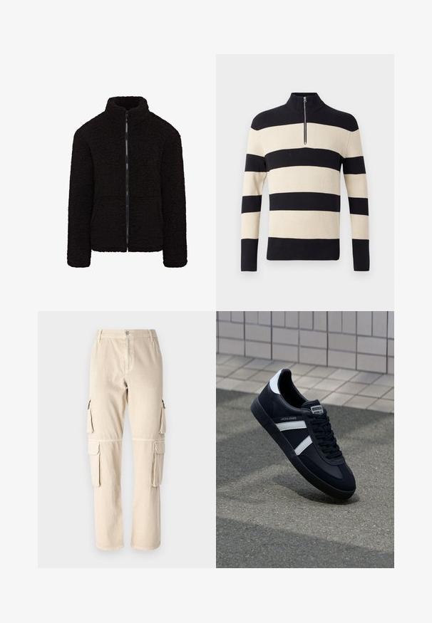 Schwarze Fleecejacke mit hohem Kragen, durchgehendem Reißverschluss und strukturiertem Stoff. Hat lange Ärmel und eine lockere Passform. Keine sichtbaren Taschen.; Schwarz-beige gestreifter Rippstrickpullover mit langen Ärmeln und einem kurzen silbernen Reißverschluss am hohen Kragen.; Beige Cargo-Hosen aus Baumwolle. Sie verfügen über Seitentaschen, ein gerades Bein-Design und einen Knopfverschluss am Bund. Schlichte Steppdetails.; Schwarze Leder-Sneaker mit weißen Streifen, strukturiertem Gummisohle und Schnürung. Verfügt über ein Markenetikett auf der Zunge.