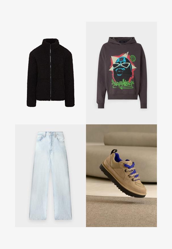 Schwarze Fleecejacke mit hohem Kragen, durchgehendem Reißverschluss und strukturiertem Stoff. Hat lange Ärmel und eine lockere Passform. Keine sichtbaren Taschen.; Night Addict Kapuzenpullover - charcoal; Helle blaue Jeanshose mit lockerer Passform, hoher Taille, Fünf-Taschen-Design und geraden Beinen. Ausgewaschene Textur mit sichtbaren Nähdetails.; Beiger UGG-Sneaker mit schwarzer Sohle und blauem Innenfutter, ausgestattet mit zweifarbigen blau-beigen Schnürsenkeln, schwebt über einem strukturierten beigen Teppich.