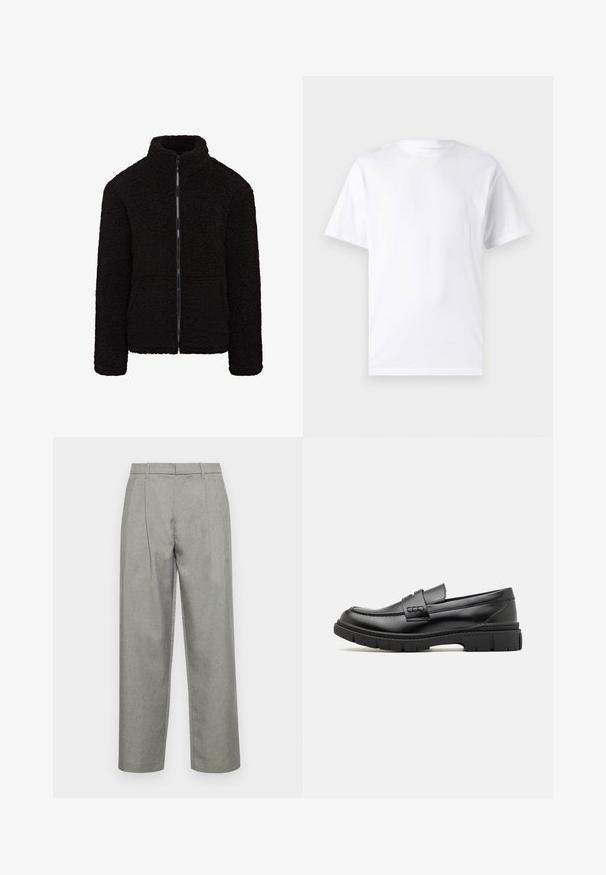 Schwarze Fleecejacke mit hohem Kragen, durchgehendem Reißverschluss und strukturiertem Stoff. Hat lange Ärmel und eine lockere Passform. Keine sichtbaren Taschen.; Weißes kurzärmeliges T-Shirt aus Baumwolle mit Rundhalsausschnitt, das eine glatte Textur und ein einfaches Design ohne Muster oder Akzente aufweist.; Graue maßgeschneiderte Hose aus strukturiertem Stoff mit geradem Bein, Bundfalten und einem Standardbund mit Gürtelschlaufen.; Schwarze Lederloafer mit einem breiten Riemen über dem Rist, Gummisohle mit dicken Profilen und glatter Textur. Klassisches, schlankes Design.